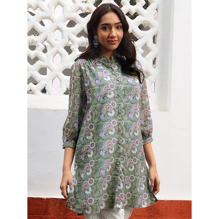 Janasya Womens Sage Green Georgette Floral Regular Tunic