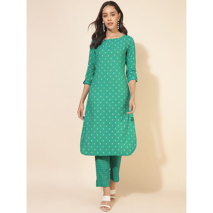 Janasya Womens Sea Green Cotton Geometric Straight Kurta with Pant (Set of 2)