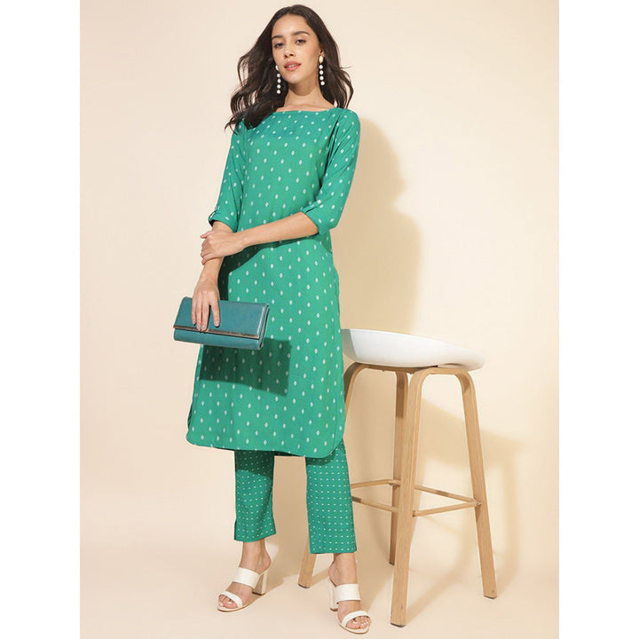 Janasya Womens Sea Green Cotton Geometric Straight Kurta with Pant (Set of 2)