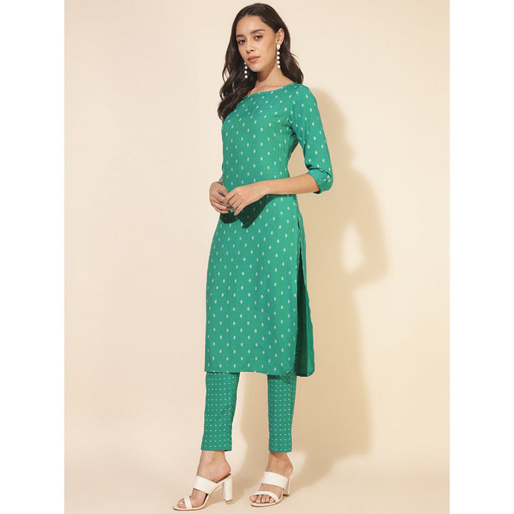 Janasya Womens Sea Green Cotton Geometric Straight Kurta with Pant (Set of 2)