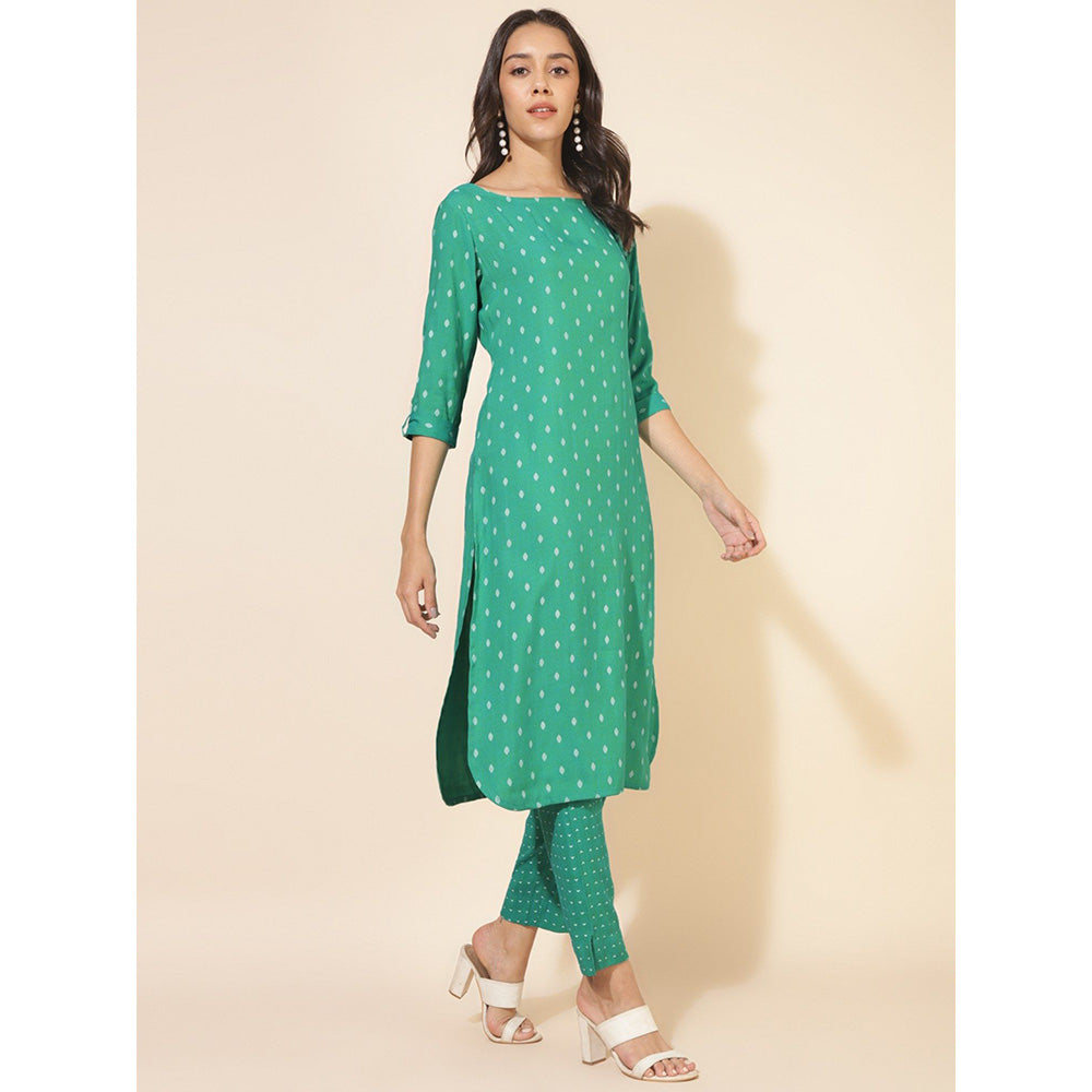 Janasya Womens Sea Green Cotton Geometric Straight Kurta with Pant (Set of 2)