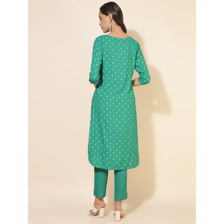 Janasya Womens Sea Green Cotton Geometric Straight Kurta with Pant (Set of 2)