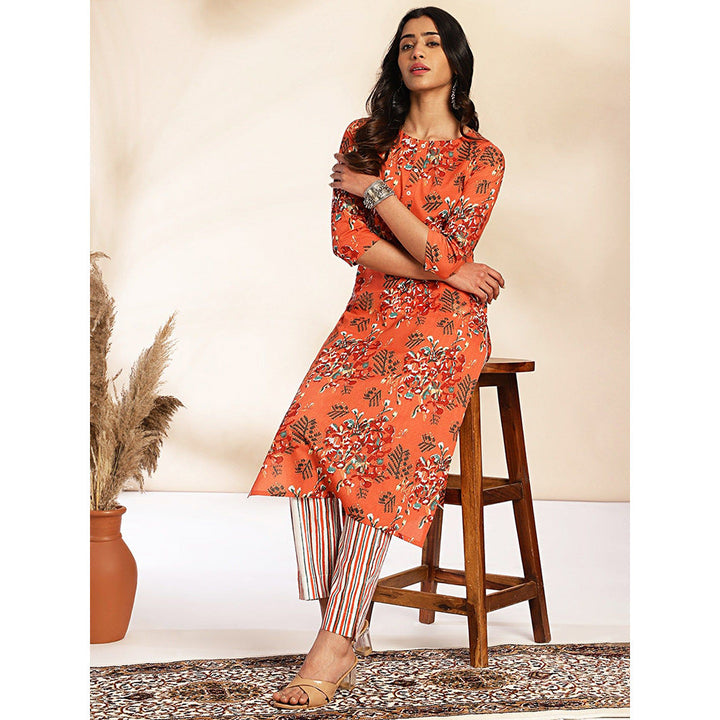 Janasya Womens Rust Cotton Floral Regular Kurta with Pant (Set of 2)