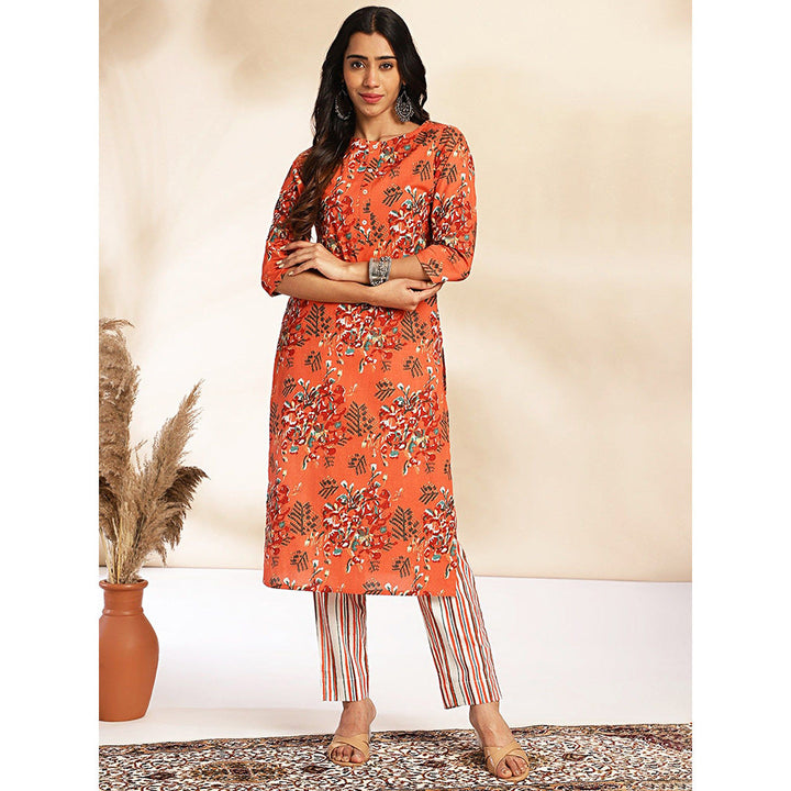 Janasya Womens Rust Cotton Floral Regular Kurta with Pant (Set of 2)