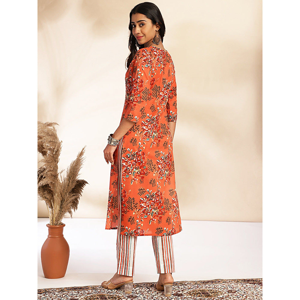 Janasya Womens Rust Cotton Floral Regular Kurta with Pant (Set of 2)