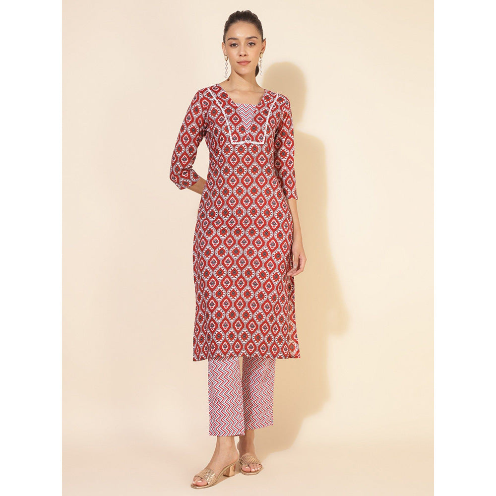 Janasya Womens Red Cotton Printed Straight Kurta with Pant (Set of 2)