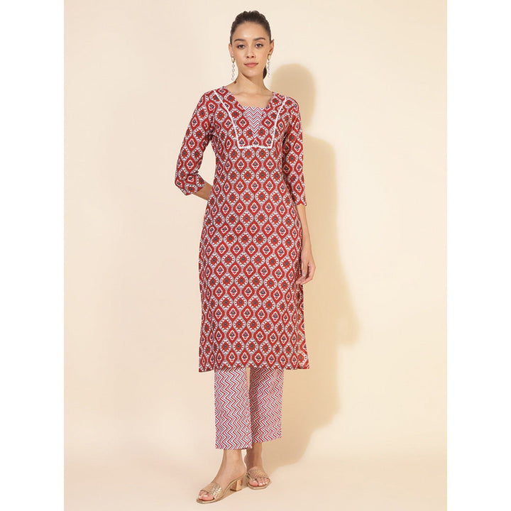 Janasya Womens Red Cotton Printed Straight Kurta with Pant (Set of 2)