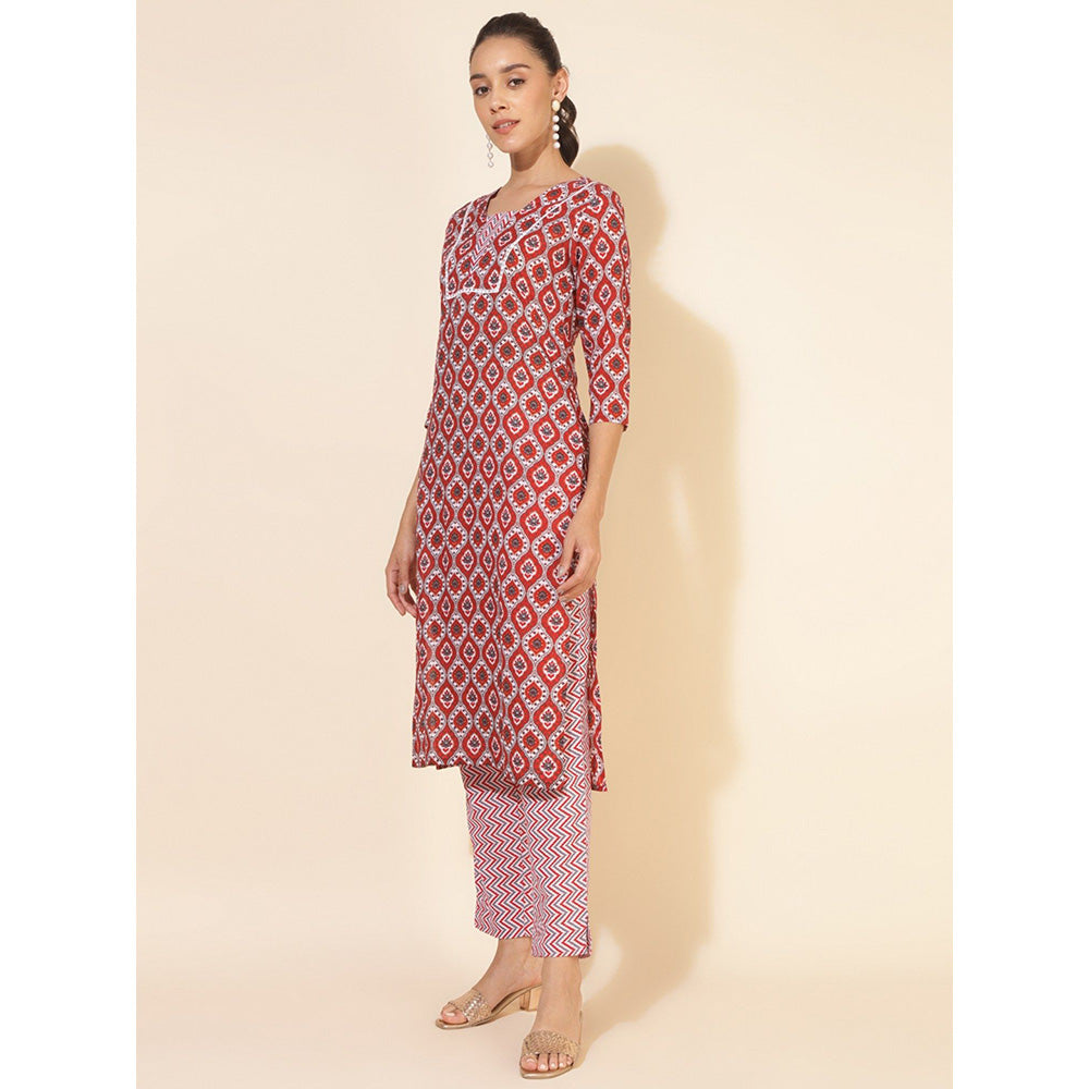 Janasya Womens Red Cotton Printed Straight Kurta with Pant (Set of 2)