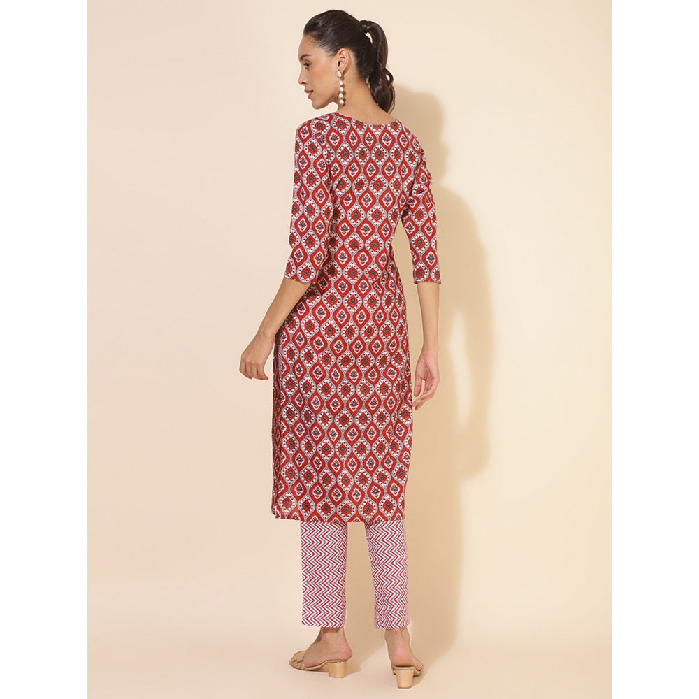 Janasya Womens Red Cotton Printed Straight Kurta with Pant (Set of 2)