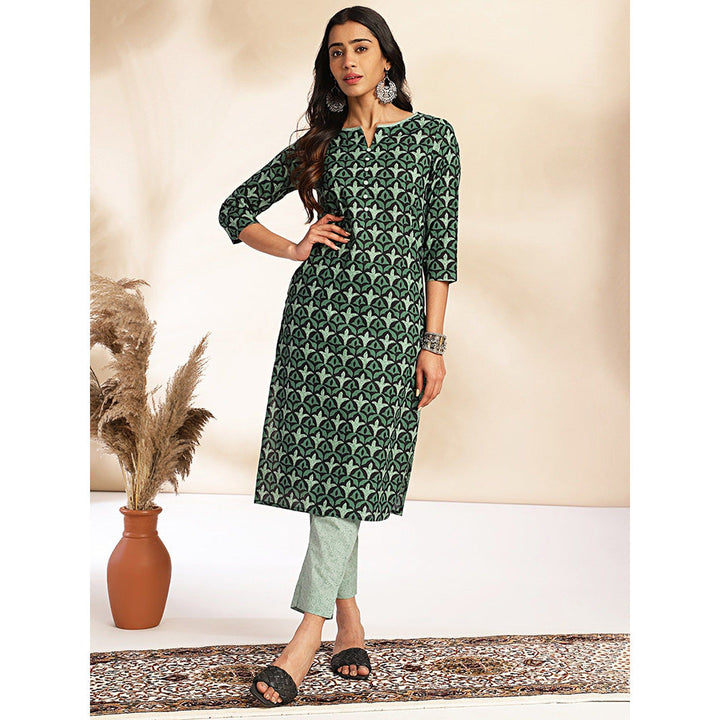 Janasya Womens Green Cotton Printed Kurta With Pant (Set of 2)