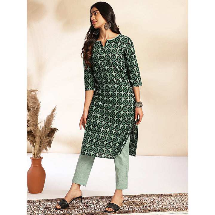 Janasya Womens Green Cotton Printed Kurta With Pant (Set of 2)