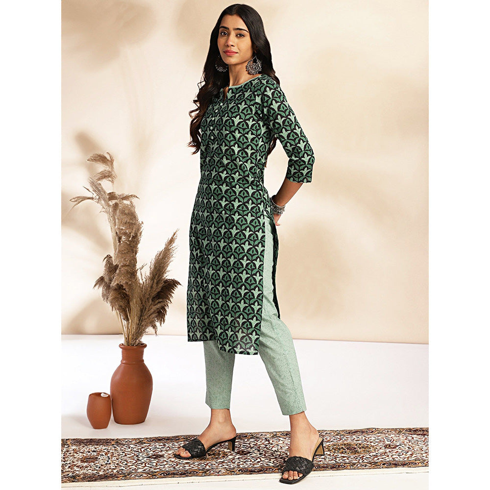 Janasya Womens Green Cotton Printed Kurta With Pant (Set of 2)