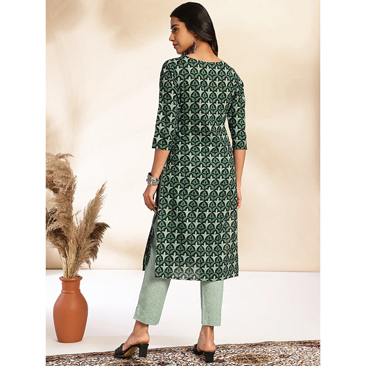 Janasya Womens Green Cotton Printed Kurta With Pant (Set of 2)