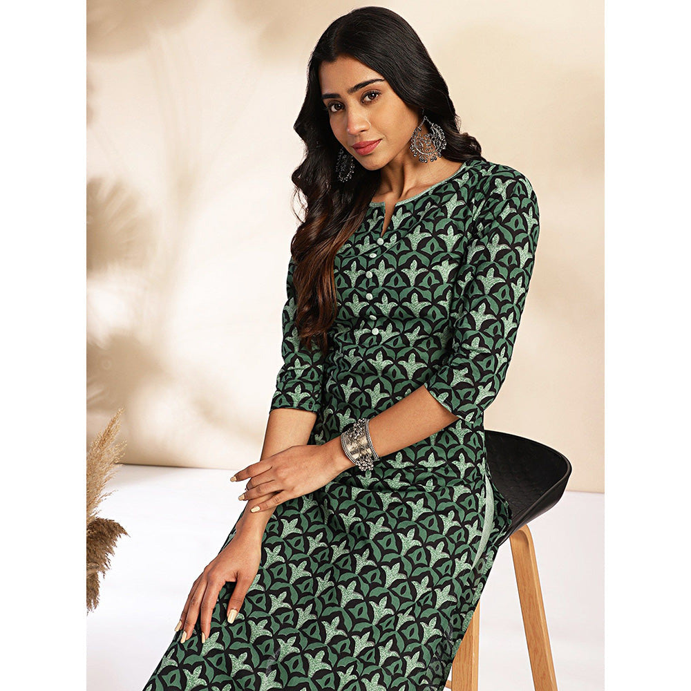 Janasya Womens Green Cotton Printed Kurta With Pant (Set of 2)