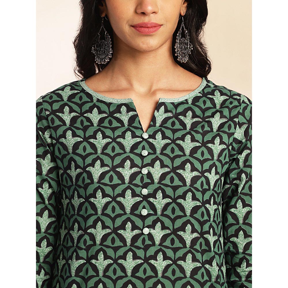 Janasya Womens Green Cotton Printed Kurta With Pant (Set of 2)