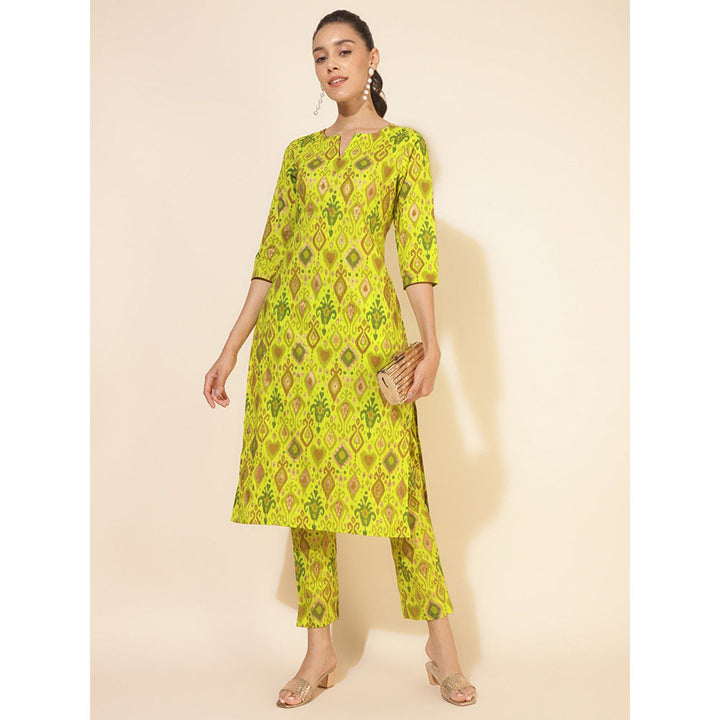 Janasya Womens Lime Yellow Cotton Ikat Printed Co-Ord (Set of 2)