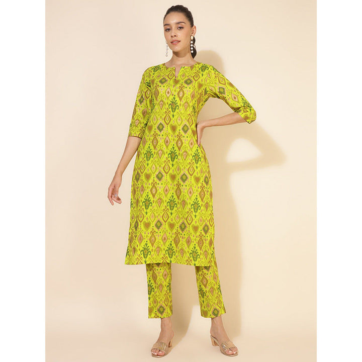 Janasya Womens Lime Yellow Cotton Ikat Printed Co-Ord (Set of 2)