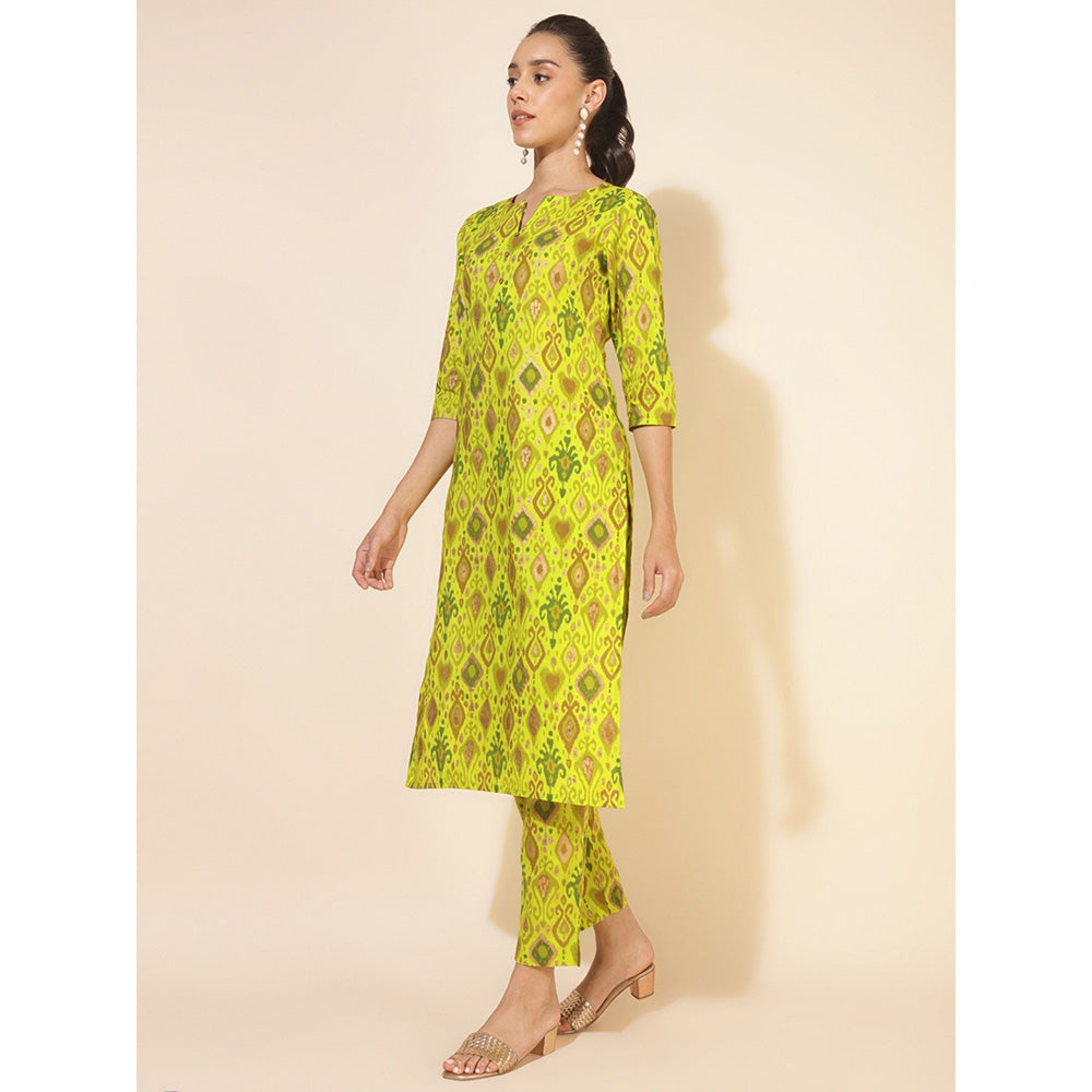 Janasya Womens Lime Yellow Cotton Ikat Printed Co-Ord (Set of 2)