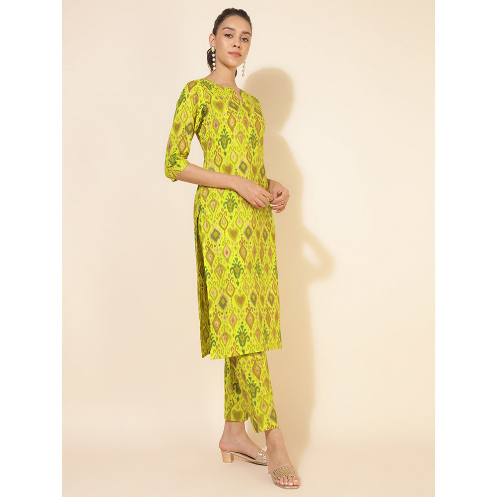 Janasya Womens Lime Yellow Cotton Ikat Printed Co-Ord (Set of 2)