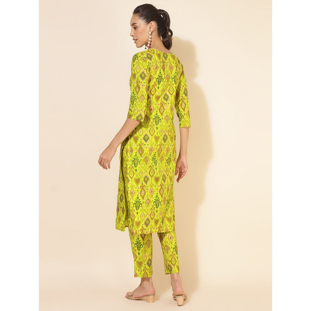 Janasya Womens Lime Yellow Cotton Ikat Printed Co-Ord (Set of 2)