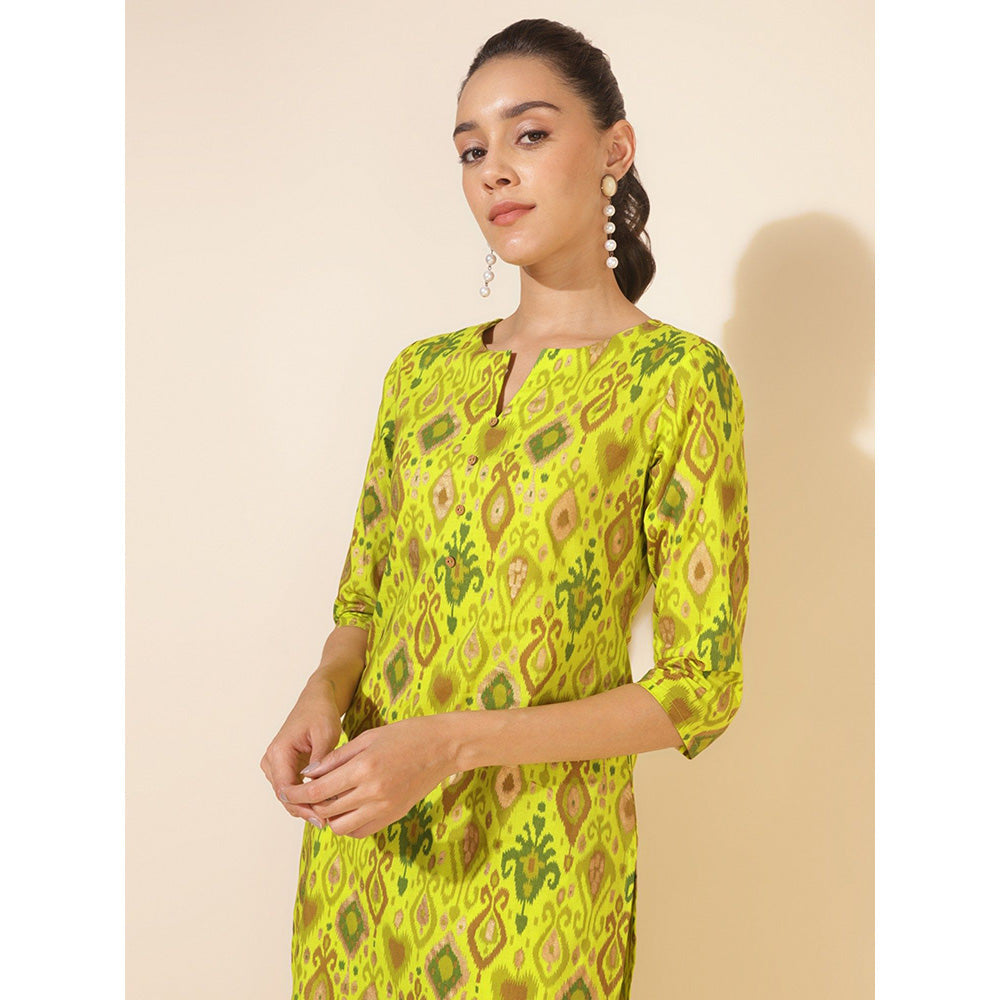 Janasya Womens Lime Yellow Cotton Ikat Printed Co-Ord (Set of 2)