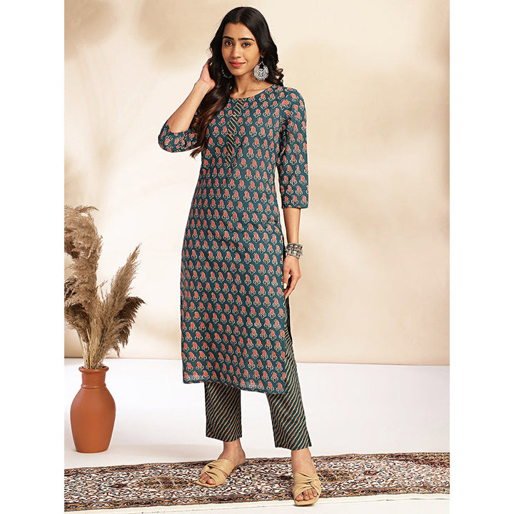 Janasya Womens Blue Cotton Paisley Printed Kurta With Pant (Set of 2)