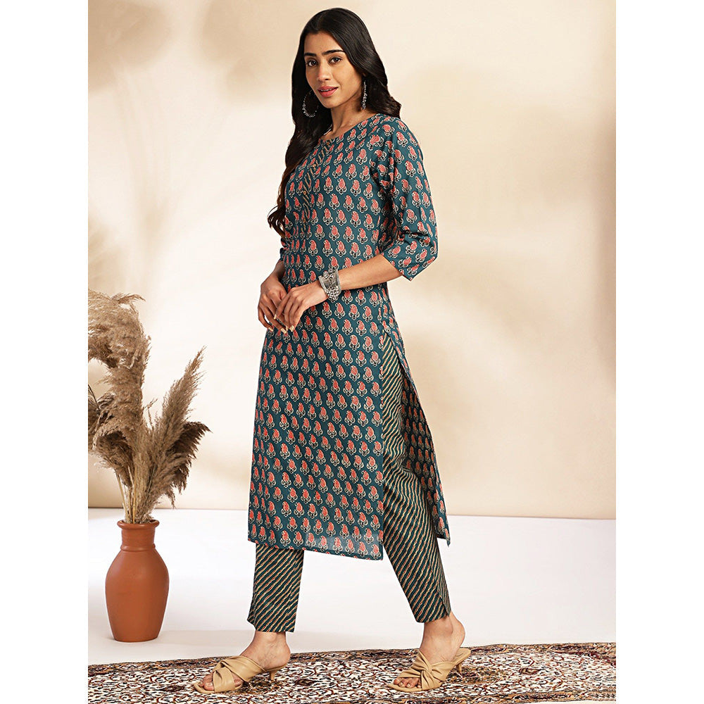 Janasya Womens Blue Cotton Paisley Printed Kurta With Pant (Set of 2)