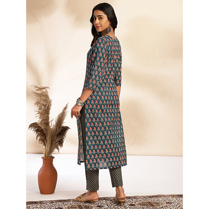 Janasya Womens Blue Cotton Paisley Printed Kurta With Pant (Set of 2)