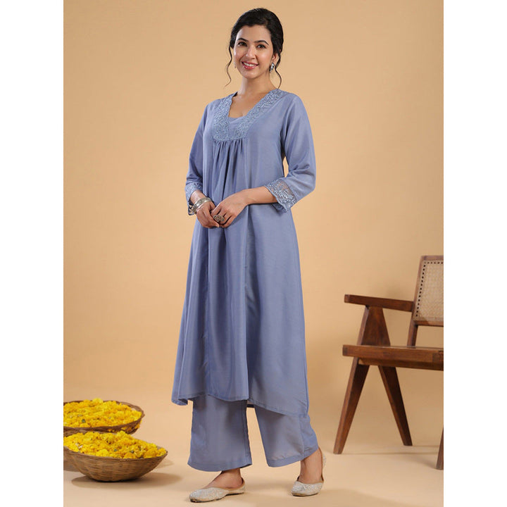 Janasya Womens Blue Muslin Yoke Embroidery Panelled Kurta with Palazzo (Set of 2)