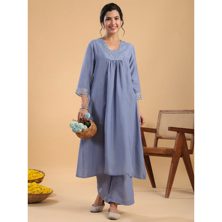 Janasya Womens Blue Muslin Yoke Embroidery Panelled Kurta with Palazzo (Set of 2)