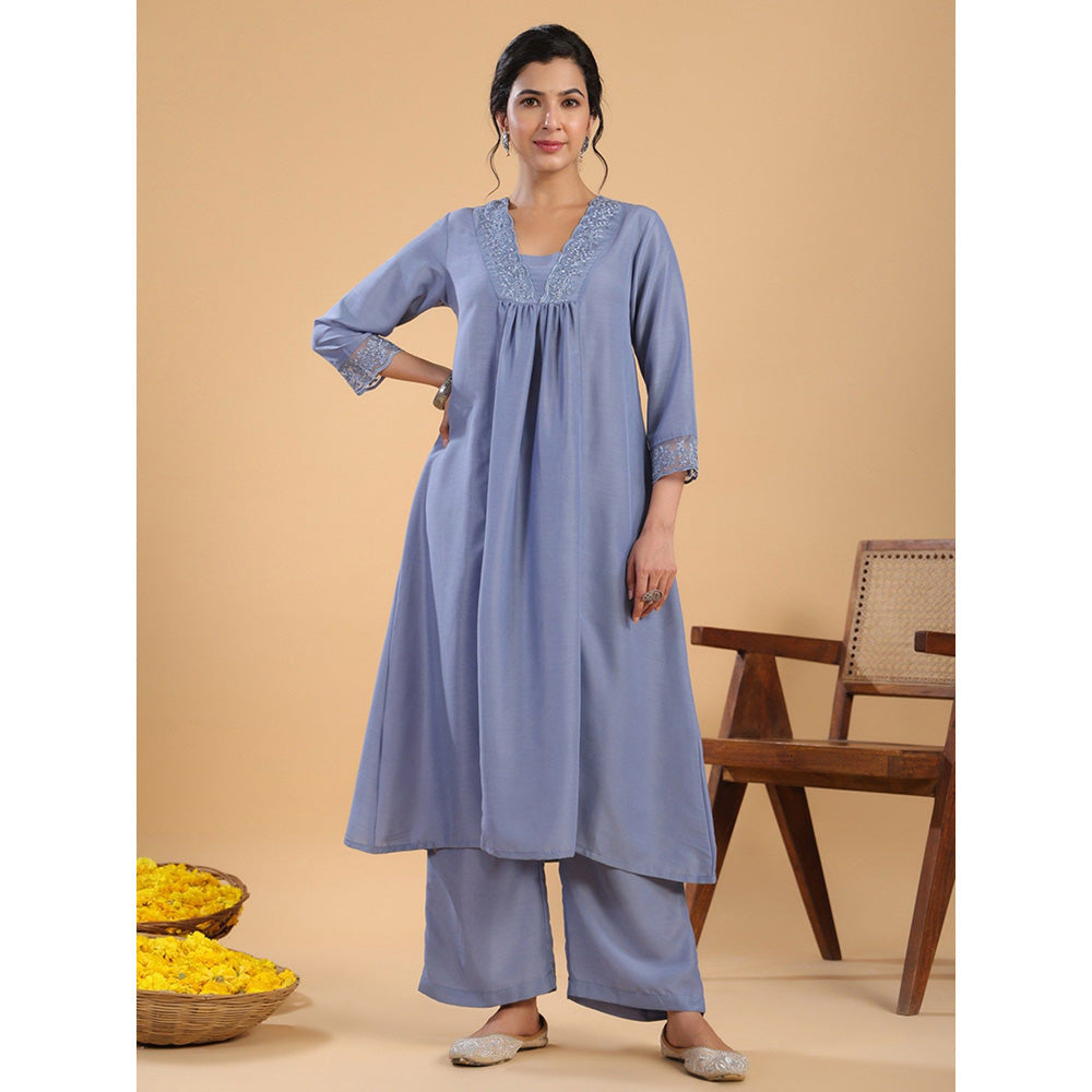 Janasya Womens Blue Muslin Yoke Embroidery Panelled Kurta with Palazzo (Set of 2)