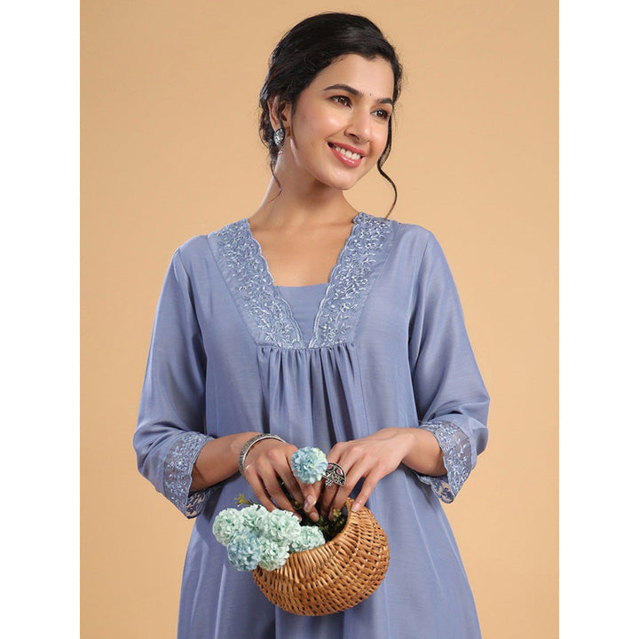 Janasya Womens Blue Muslin Yoke Embroidery Panelled Kurta with Palazzo (Set of 2)