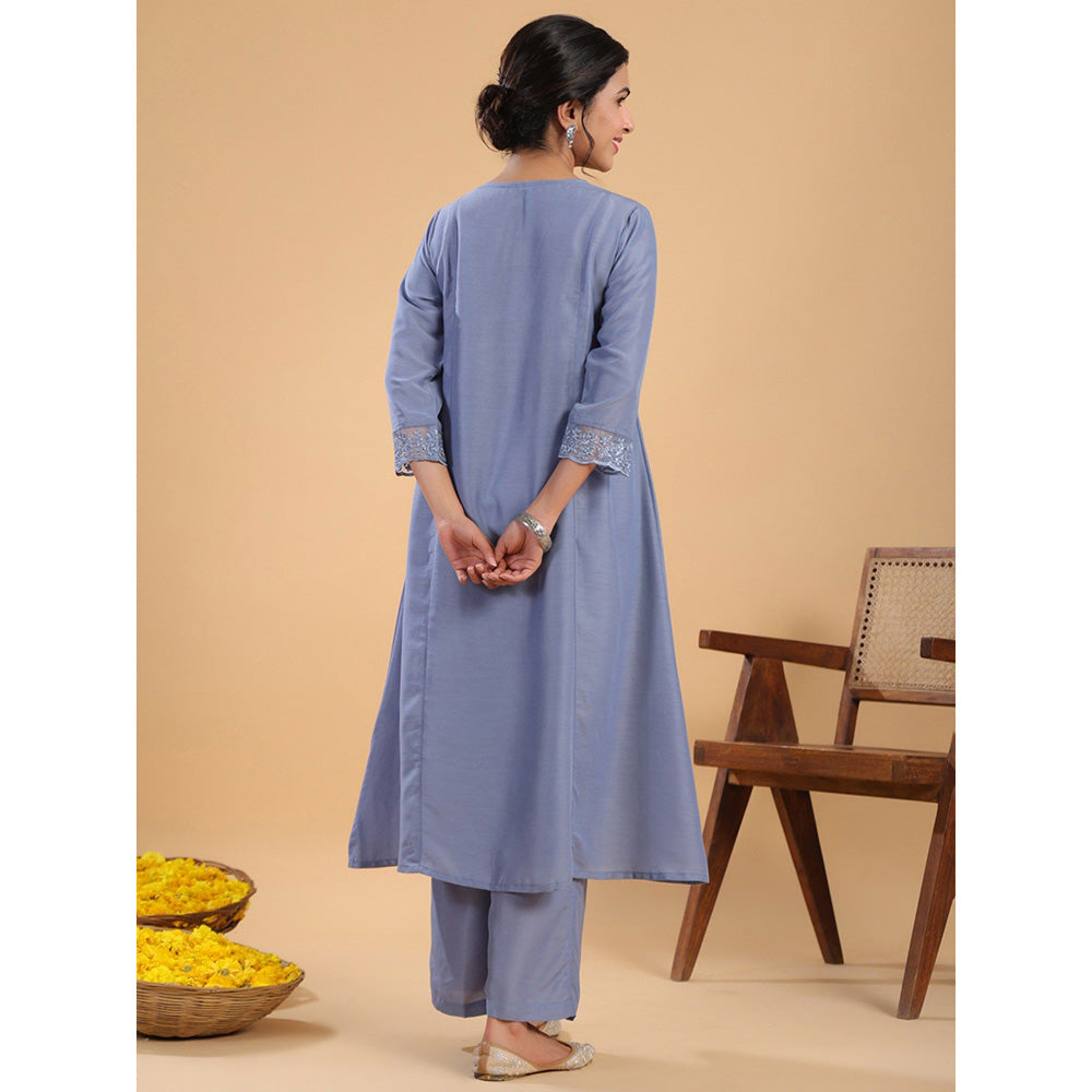 Janasya Womens Blue Muslin Yoke Embroidery Panelled Kurta with Palazzo (Set of 2)