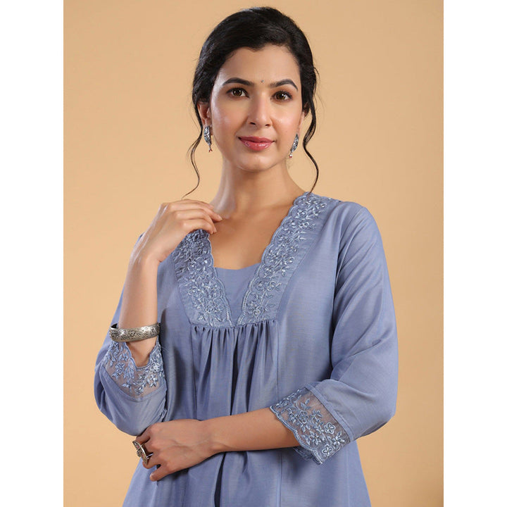 Janasya Womens Blue Muslin Yoke Embroidery Panelled Kurta with Palazzo (Set of 2)