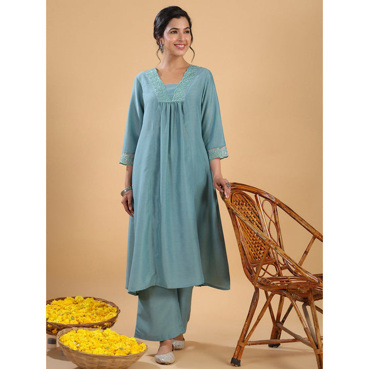 Janasya Womens Sage Green Muslin Yoke Embroidery A-Line Kurta with Palazzo (Set of 2)