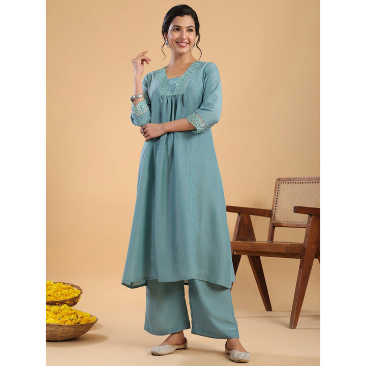 Janasya Womens Sage Green Muslin Yoke Embroidery A-Line Kurta with Palazzo (Set of 2)