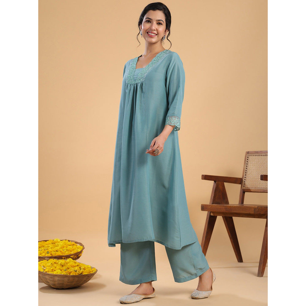 Janasya Womens Sage Green Muslin Yoke Embroidery A-Line Kurta with Palazzo (Set of 2)