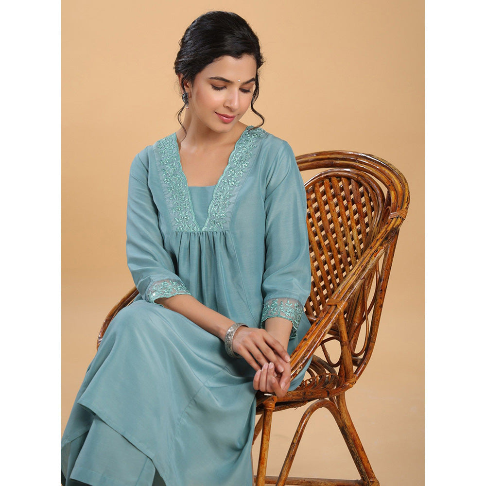 Janasya Womens Sage Green Muslin Yoke Embroidery A-Line Kurta with Palazzo (Set of 2)