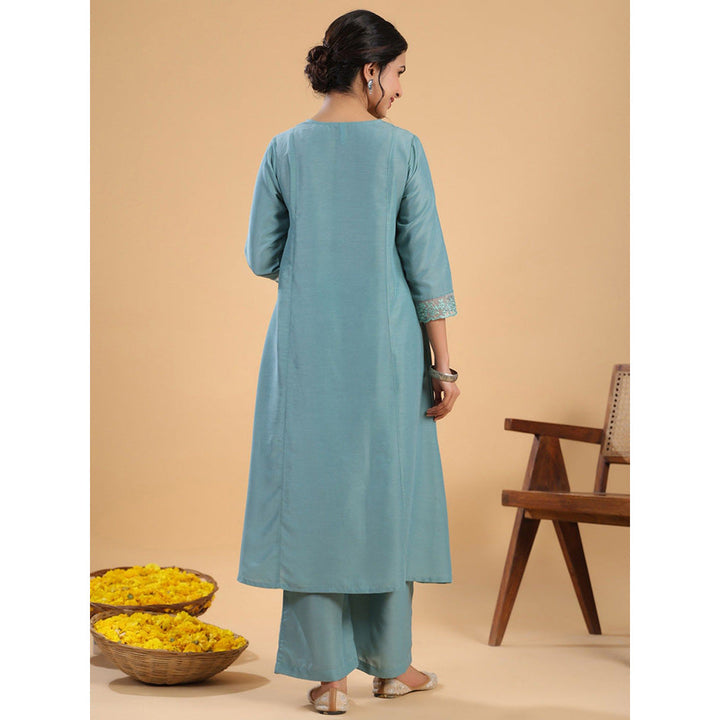 Janasya Womens Sage Green Muslin Yoke Embroidery A-Line Kurta with Palazzo (Set of 2)