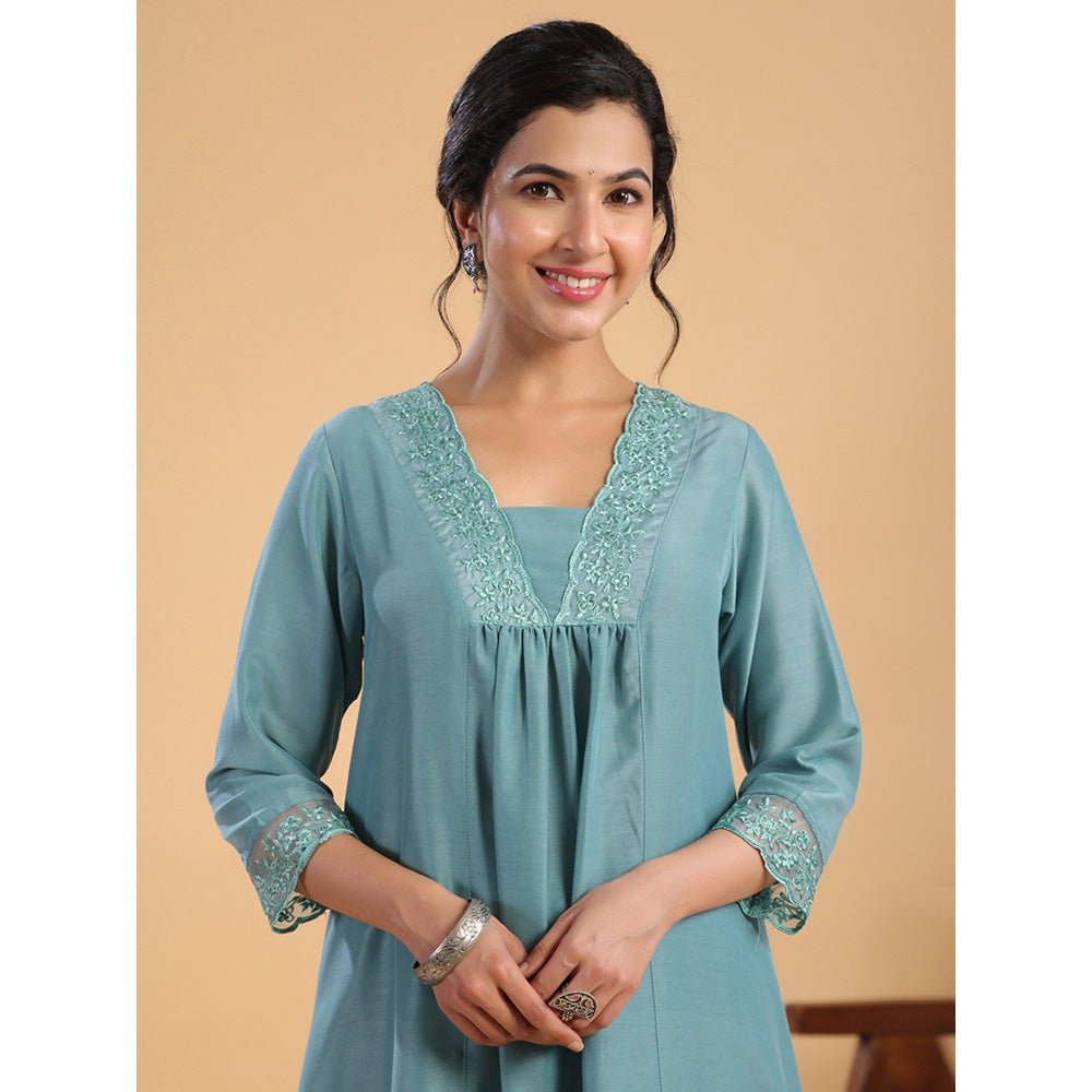 Janasya Womens Sage Green Muslin Yoke Embroidery A-Line Kurta with Palazzo (Set of 2)