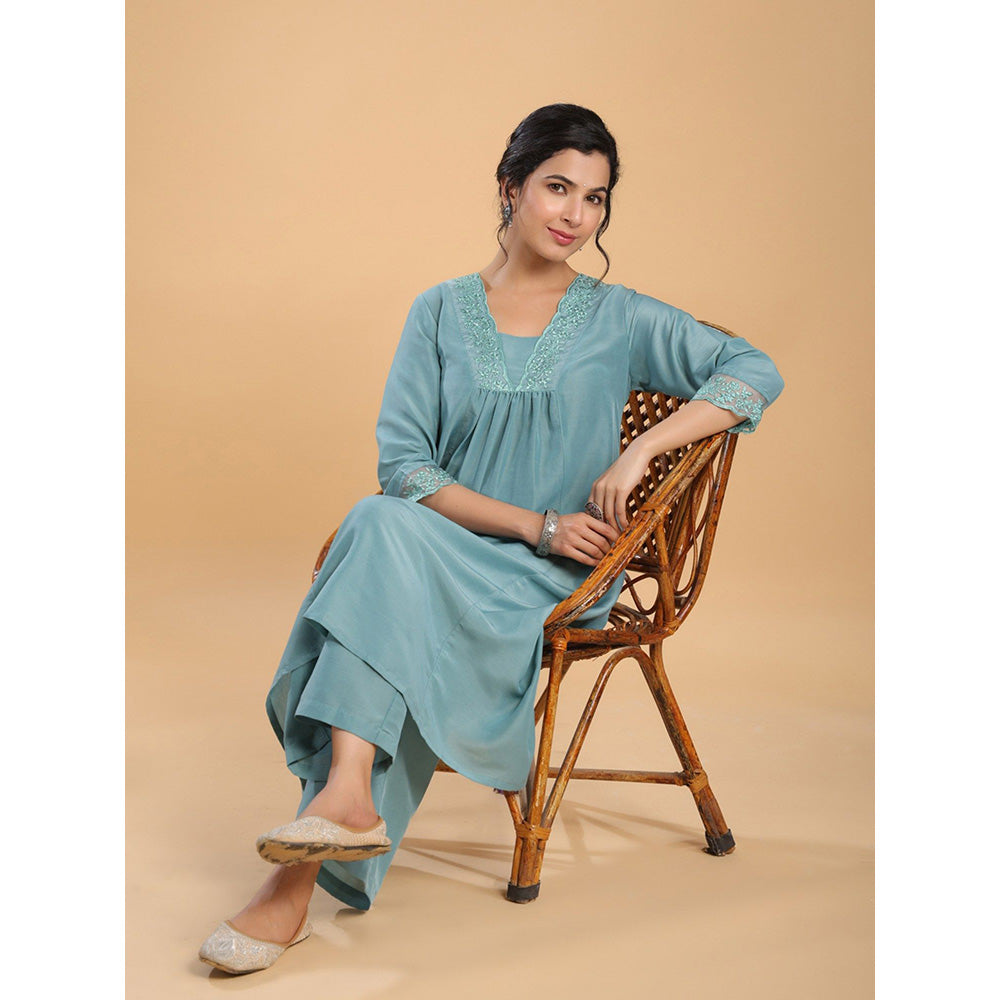 Janasya Womens Sage Green Muslin Yoke Embroidery A-Line Kurta with Palazzo (Set of 2)