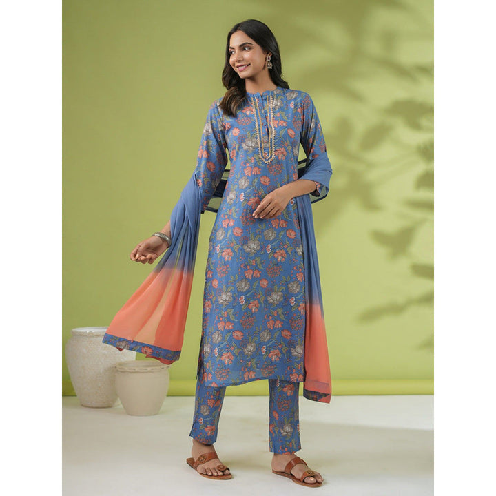 Janasya Womens Blue Cotton Floral Straight Kurta with Pant and Dupatta (Set of 3)