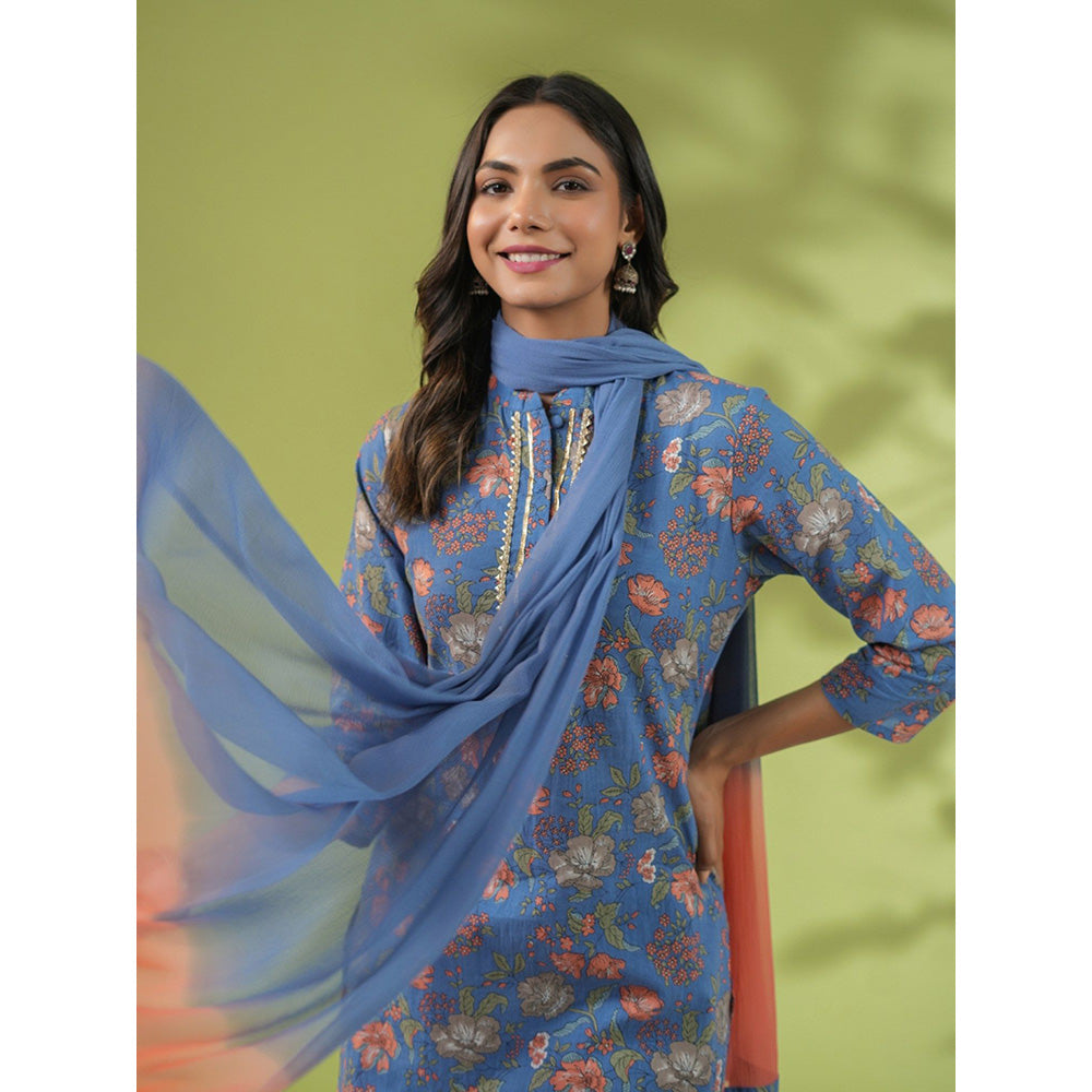 Janasya Womens Blue Cotton Floral Straight Kurta with Pant and Dupatta (Set of 3)