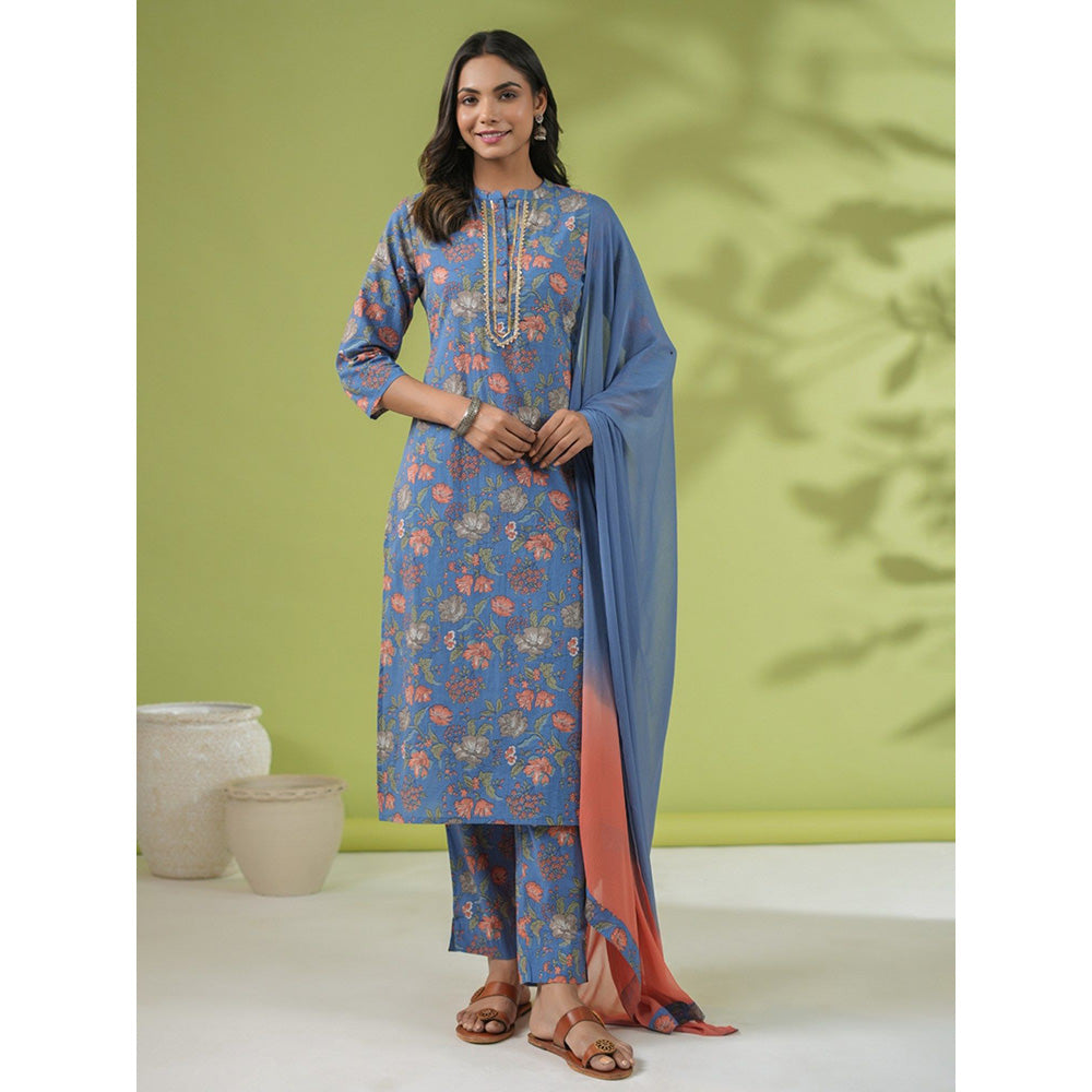 Janasya Womens Blue Cotton Floral Straight Kurta with Pant and Dupatta (Set of 3)