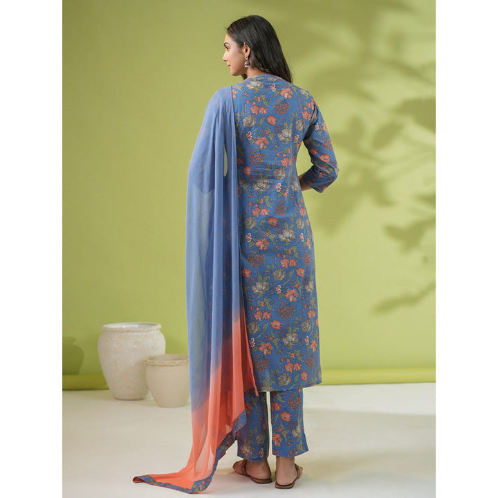 Janasya Womens Blue Cotton Floral Straight Kurta with Pant and Dupatta (Set of 3)