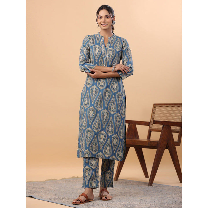 Janasya Womens Blue Cotton Ethnic Motifs Regular Co-Ord (Set of 2)