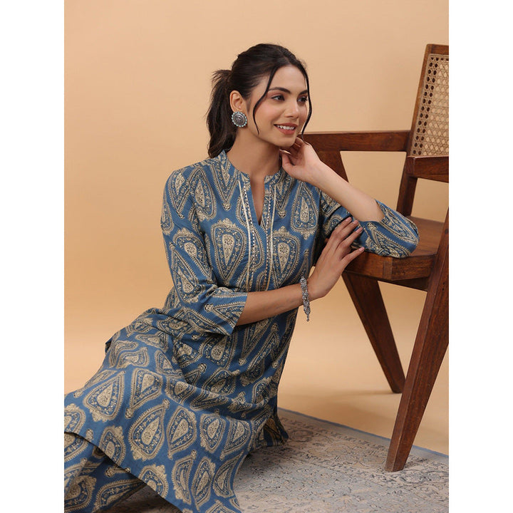 Janasya Womens Blue Cotton Ethnic Motifs Regular Co-Ord (Set of 2)