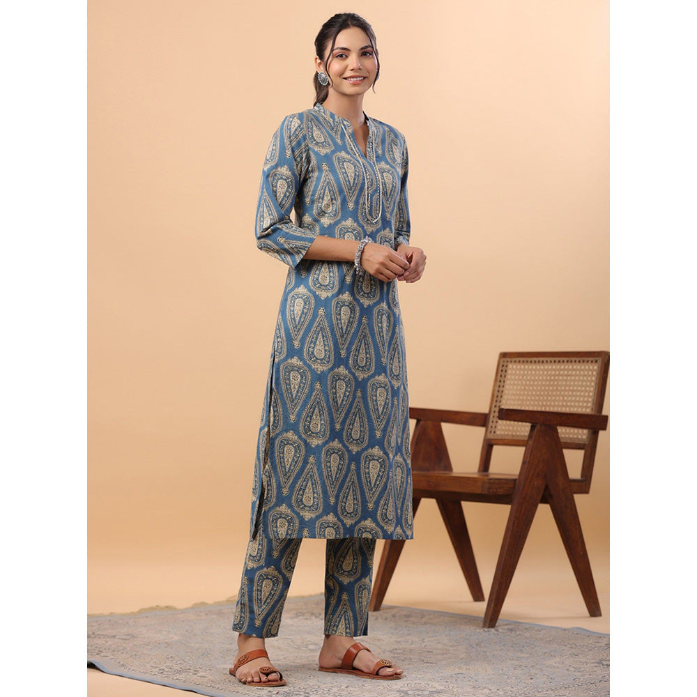 Janasya Womens Blue Cotton Ethnic Motifs Regular Co-Ord (Set of 2)