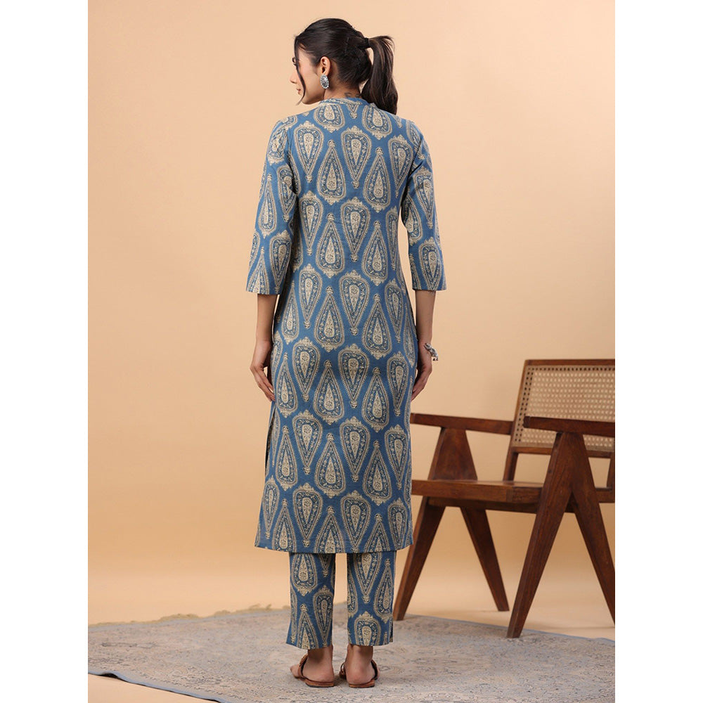 Janasya Womens Blue Cotton Ethnic Motifs Regular Co-Ord (Set of 2)