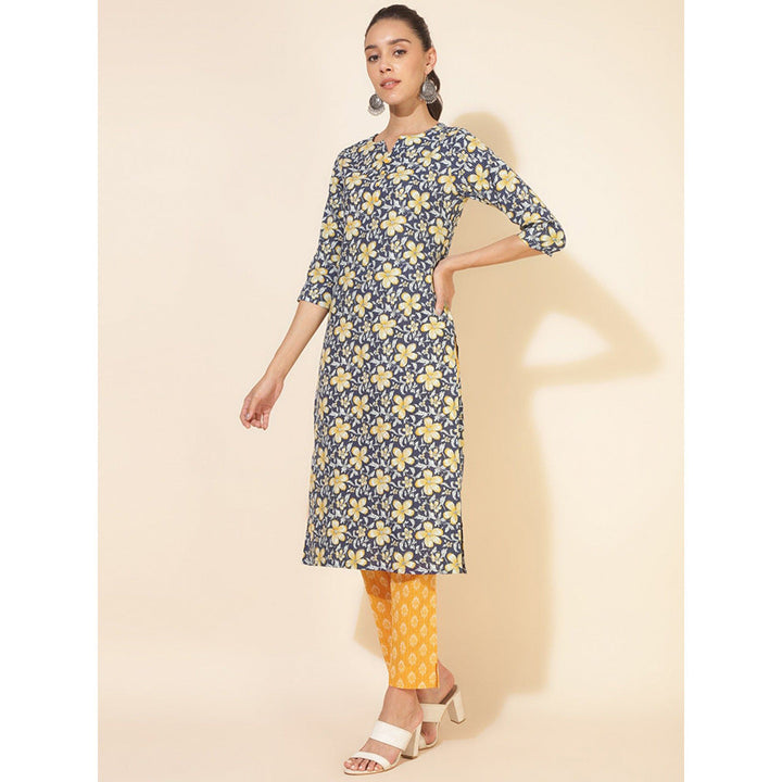 Janasya Womens Blue Cotton Floral Regular Kurta with Pant and Dupatta (Set of 3)